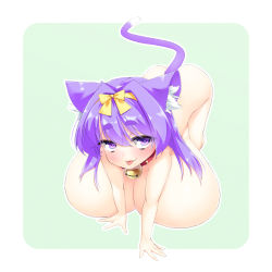 Rule 34 | 1girl, all fours, animal ears, bell, blush, breasts, cat ears, cat tail, collar, highres, huge breasts, looking at viewer, neck bell, nude, oppai loli, original, pedocchi, purple eyes, purple hair, smile, solo, tail
