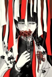 Rule 34 | 1boy, artist name, bowl cut, coat, covered mouth, flower, flower over mouth, gakuran, half-closed eyes, hand up, holding, holding flower, japanese clothes, kageyama shigeo, long sleeves, looking away, male focus, mob psycho 100, mochinue, monochrome, red flower, ribbon, romaji text, school uniform, short hair, sideways glance, simple background, solo, spider lily, upper body