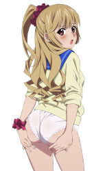 Rule 34 | 10s, 1girl, aiba asagi, ass, ass grab, blonde hair, blush, earrings, eyebrows, female focus, from behind, grabbing own ass, hair ornament, highres, jewelry, kekke, long hair, looking at viewer, looking back, no pants, open mouth, panties, pink eyes, ponytail, red eyes, scrunchie, side ponytail, simple background, solo, strike the blood, stud earrings, sweatdrop, thighs, underwear, upper body, white background, white panties, wristband
