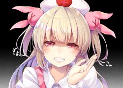 Rule 34 | 1girl, :d, black background, blonde hair, blush, cyanomirahi, gradient background, grin, hair ornament, half-closed eyes, hand up, hat, head tilt, long hair, looking at viewer, natori sana, nurse cap, open mouth, rabbit hair ornament, sana channel, shaded face, shirt, smile, solo, suspenders, teeth, two side up, upper body, v-shaped eyebrows, virtual youtuber, white hat, white shirt