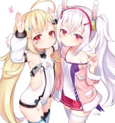 Rule 34 | 2girls, ahoge, animal ears, armpits, azur lane, bare shoulders, blonde hair, breasts, camisole, character name, closed mouth, commentary request, detached sleeves, dress, eldridge (azur lane), expressionless, hair between eyes, hair ornament, hairband, jacket, kokone (coconeeeco), laffey (azur lane), long hair, long sleeves, looking at viewer, low twintails, multiple girls, off shoulder, pink jacket, pleated skirt, pocket, poking, puffy long sleeves, puffy sleeves, rabbit ears, rabbit pose, red eyes, red hairband, red skirt, silver hair, simple background, skirt, sleeveless, sleeveless dress, small breasts, thighhighs, twintails, very long hair, white background, white camisole, white dress, white legwear, white sleeves, zettai ryouiki
