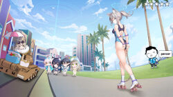 Rule 34 | 6+girls, absurdres, animal ear fluff, animal ears, ankle cuffs, ass, ayane (blue archive), ayane (swimsuit) (blue archive), black one-piece swimsuit, blue archive, blue eyes, blue sky, breasts, building, chain, chibi, chibi inset, chinese commentary, cloud, commentary request, competition swimsuit, cooler, cosplay, cross hair ornament, cuffs, day, doodle sensei (blue archive), extra ears, fisheye, foreclosure task force (blue archive), from behind, grand theft auto, grand theft auto: vice city, grand theft auto vi, grey hair, hair ornament, halo, handcuffs, hifumi (blue archive), hifumi (swimsuit) (blue archive), highres, hoshino (blue archive), hoshino (swimsuit) (blue archive), looking at viewer, low ponytail, medium breasts, medium hair, military vehicle, mismatched pupils, motor vehicle, multicolored clothes, multicolored swimsuit, multiple girls, nonomi (blue archive), nonomi (swimsuit) (blue archive), official alternate costume, official alternate hairstyle, okazakileo, one-piece swimsuit, outdoors, palm tree, roller skates, sensei (blue archive), serika (blue archive), serika (swimsuit) (blue archive), shiroko (blue archive), shiroko (swimsuit) (blue archive), skates, sky, skyline, skyscraper, speech bubble, star (symbol), swimsuit, tank, tommy vercetti, tommy vercetti (cosplay), tree, wolf ears