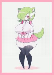 Rule 34 | 1girl, absurdres, aliceyawnin, alternate color, animal ears, blush, bow, breasts, creatures (company), fusion, game freak, gardevoir, gen 1 pokemon, gen 3 pokemon, green hair, hair over one eye, highres, interlocked fingers, large breasts, long sleeves, looking at viewer, maid, nintendo, open mouth, original, pokemon, pokemon (creature), red eyes, sandshrew, short hair, simple background, skirt, solo, tail, thick thighs, thighhighs, thighs