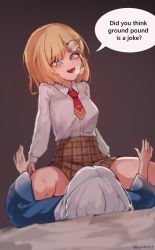 Rule 34 | 2girls, assertive female, blonde hair, blue eyes, blush, breathing, checkered clothes, checkered skirt, cowgirl position, gawr gura, girl on top, hand up, highres, hololive, hololive english, iver (reviolet), multiple girls, necktie, open mouth, shirt, skirt, speech bubble, straddling, surprised arms, thighs, virtual youtuber, watson amelia, white hair, white shirt, yuri