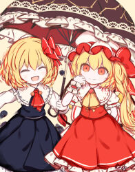 Rule 34 | 2girls, absurdres, ascot, black skirt, black vest, blonde hair, closed eyes, collar, flandre scarlet, frilled collar, frills, hair ribbon, hat, highres, holding, holding umbrella, long sleeves, mob cap, multiple girls, one side up, puffy short sleeves, puffy sleeves, red ascot, red eyes, red ribbon, red skirt, red vest, ribbon, ro.ro, rumia, short hair, short sleeves, skirt, skirt set, smile, touhou, umbrella, vest, wrist cuffs, yellow ascot