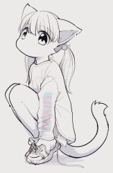 Rule 34 | 1girl, 3yo4yo5yo, animal ears, cat ears, cat tail, child, female focus, furry, furry female, highres, monochrome, original, shoes, sneakers, solo, spot color, squatting, tail, twintails