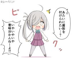 Rule 34 | 1girl, ahoge, asashimo (kancolle), chibi, commentary request, dress, full body, goma (yoku yatta hou jane), grey eyes, grey pantyhose, hair over one eye, halterneck, kantai collection, long hair, one-hour drawing challenge, open mouth, pantyhose, ponytail, purple dress, school uniform, sharp teeth, shirt, silver hair, simple background, solo, standing, teeth, translation request, white background, white shirt