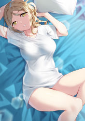 Rule 34 | 1girl, absurdres, bare legs, bed sheet, blonde hair, blush, breasts, commentary request, feet out of frame, grin, hair rings, highres, lens flare, looking at viewer, love live!, love live! sunshine!!, lying, medium breasts, no pants, ohara mari, on back, on bed, parted lips, pillow, shirt, short hair, short sleeves, smile, solo, white shirt, yamaori (yamaorimon), yellow eyes