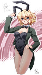 Rule 34 | 1girl, :c, animal ears, blonde hair, blush, bow, bowtie, breasts, rabbit ears, cleavage, coattails, contrapposto, cropped legs, detached collar, fishnet pantyhose, fishnets, green eyes, hand on own hip, jacket, large breasts, mizuhashi parsee, ootsuki wataru, pantyhose, playboy bunny, pointy ears, short hair, solo, standing, tailcoat, touhou
