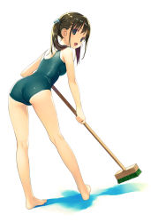 Rule 34 | 1girl, :d, ass, bare arms, bare legs, bare shoulders, barefoot, black hair, blue eyes, blue one-piece swimsuit, broom, commentary request, from behind, full body, hair bobbles, hair ornament, holding, holding broom, koutaro, leaning forward, long hair, looking at viewer, looking back, one-piece swimsuit, open mouth, original, school swimsuit, smile, solo, standing, swimsuit, thighs, twintails, white background