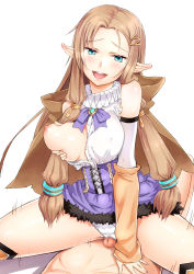 Rule 34 | 1boy, 1girl, bad id, bad pixiv id, bare shoulders, blue eyes, blush, bow, breast slip, breasts, brooch, brown hair, censored, covered erect nipples, dahlia (rune factory), detached sleeves, elf, fur trim, girl on top, grabbing own breast, grinding, hair ornament, hairclip, harvest moon, hetero, jewelry, jirou (62sand3gemt9), large breasts, long hair, male pubic hair, mosaic censoring, nipples, one breast out, open clothes, panties, penis, pointy ears, pubic hair, pussy juice stain, rune factory, rune factory 3, simple background, solo focus, straddling, underwear, very long hair, white background, white panties