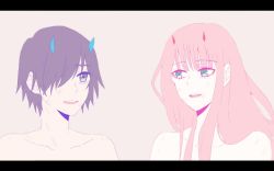 Rule 34 | 10s, 1boy, 1girl, black hair, blue eyes, blue horns, commentary request, couple, darling in the franxx, green eyes, hetero, hiro (darling in the franxx), horns, letterboxed, long hair, looking at another, mukkun696, oni horns, open mouth, pink hair, red horns, short hair, topless male, zero two (darling in the franxx)
