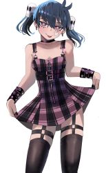 Rule 34 | 1girl, :p, absurdres, bandaid, bandaid on cheek, bandaid on face, bare shoulders, belt, belt buckle, black nails, black thighhighs, blue hair, blush, bracelet, breasts, bright pupils, buckle, chest belt, choker, clothes lift, cowboy shot, crossed bandaids, dress, dress lift, earrings, eyelashes, fingernails, garter straps, goth fashion, hair between eyes, hair ornament, highres, jewelry, ji-yoon (jourd4n), jourd4n, lifting own clothes, looking at viewer, multiple belts, multiple bracelets, nail polish, original, plaid, plaid dress, purple dress, purple eyes, short dress, simple background, skull hair ornament, small breasts, solo, thighhighs, thighs, tongue, tongue out, twintails, underbust, white background, white pupils