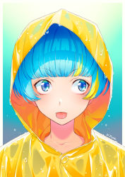 Rule 34 | 1girl, bad id, bad pixiv id, blunt bangs, border, closed mouth, collarbone, commentary request, dripping, eye focus, hood, hood up, looking to the side, multicolored hair, original, outdoors, outside border, portrait, rain, raincoat, short hair, solo, streaked hair, tongue, tongue out, two-tone hair, typhoon, very short hair, wet, wet clothes, white border