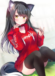 Rule 34 | 1girl, animal ear fluff, animal ears, bad id, bad pixiv id, black thighhighs, blush, breasts, brown eyes, closed mouth, commentary request, drawstring, dutch angle, highres, holding, holding hair, hood, hood down, hoodie, long hair, long sleeves, looking at viewer, masayo (gin no ame), md5 mismatch, medium breasts, no pants, original, red hoodie, resolution mismatch, sitting, sleeves past wrists, smile, solo, tail, thighhighs, very long hair, wolf ears, wolf tail, yellow eyes