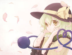 Rule 34 | 1girl, bad id, bad pixiv id, blouse, female focus, gradient background, green hair, hands on own face, hat, hat ribbon, heart, heart of string, honotai, komeiji koishi, looking at viewer, parted lips, petals, ribbon, shirt, simple background, solo, tears, third eye, touhou, upper body, wide sleeves, yellow eyes