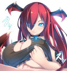Rule 34 | 1boy, 1girl, bat wings, blue eyes, blush, breasts, cat cutout, cat lingerie, censored, clothing cutout, demon girl, glowing, glowing eye, hair over one eye, head wings, highres, large breasts, long hair, meme attire, mosaic censoring, original, paizuri, paizuri under clothes, penis, pointy ears, red hair, shiki (psychedelic g2), smile, solo focus, wings