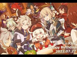 Rule 34 | 4boys, 6+girls, :d, ^ ^, ahoge, albedo (genshin impact), amber (genshin impact), animal ears, aoyagi (ao0701yagi), belt, birthday, birthday cake, black hair, bow, brown hair, cabbie hat, cake, camera, candle, cat ears, cat girl, closed eyes, clover print, commentary, commentary request, confetti, dated, diluc (genshin impact), english commentary, english text, eyepatch, food, genshin impact, glasses, green hair, grey eyes, grey hair, hair between eyes, hair bow, hair ribbon, hairband, hat, hat feather, hat ornament, highres, holding, holding camera, jean (genshin impact), kaeya (genshin impact), klee (genshin impact), light brown hair, lisa (genshin impact), long hair, long sleeves, looking at another, low ponytail, low twintails, mixed-language commentary, multicolored hair, multiple boys, multiple girls, official alternate costume, open mouth, pointy ears, ponytail, razor (genshin impact), red eyes, red hair, ribbon, semi-rimless eyewear, short sleeves, sidelocks, smile, streaked hair, sucrose (genshin impact), tavern, timaeus (genshin impact), twintails, two-tone hair, witch hat
