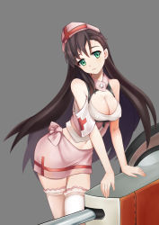 Rule 34 | 1girl, absurdres, alternate costume, arizona (azur lane), arm support, armband, azur lane, bare shoulders, black hair, breasts, cannon, cleavage, cleavage cutout, clothing cutout, covered erect nipples, cowboy shot, cross, green eyes, grey background, hat, head tilt, highres, leaning forward, long hair, looking at viewer, medium breasts, midriff, miniskirt, navel, no bra, nurse cap, pink skirt, red cross, skirt, solo, the hermit, thighhighs, tied skirt, very long hair, zettai ryouiki