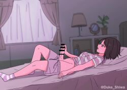 Rule 34 | 1girl, animated, bed, bedroom, blush, book, breasts, brown eyes, brown hair, censored, clenched teeth, closed eyes, clothes lift, clothes pull, collarbone, curtains, desk lamp, drawstring, edging, erection, from side, futanari, futanari masturbation, headboard, indoors, interior, knee up, lamp, lying, masturbation, medium breasts, mirror, mosaic censoring, multicolored shirt, navel, on back, open mouth, orgasm denial, original, penis, pillow, pink shirt, pink shorts, pink socks, plant, potted plant, precum, shelf, shirt, shirt lift, shiwa kou, short hair, short sleeves, shorts, shorts pull, socks, solo, sound, stomach, striped clothes, striped shirt, striped socks, sweat, teeth, trembling, twitching penis, twitter username, two-tone shirt, two-tone socks, underwear, video, white shirt, white socks, window