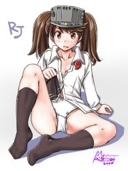 Rule 34 | 1girl, black socks, brown eyes, brown hair, character name, flat chest, holding, holding clothes, holding skirt, kantai collection, kneehighs, looking at viewer, magatama, no shoes, one-hour drawing challenge, open clothes, open mouth, open shirt, panties, ryuujou (kancolle), shirt, signature, simple background, sitting, skirt, unworn skirt, socks, solo, tatsumi ray, twintails, twitter username, underwear, visor cap, white background, white panties, white shirt