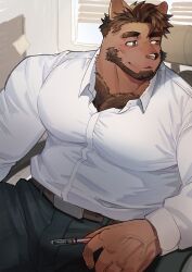 Rule 34 | 1boy, absurdres, animal ears, bara, beard, belt, black pants, brown hair, chest hair peek, cowboy shot, facial hair, furry, furry male, highres, holding, holding pen, huge pectorals, indoors, korean commentary, male focus, muscular, muscular male, original, pants, pectoral cleavage, pectorals, pen, shirt, short hair, solo, syukapong, thick chest hair, thick eyebrows, tight clothes, tight shirt, veins, veiny hands, white shirt