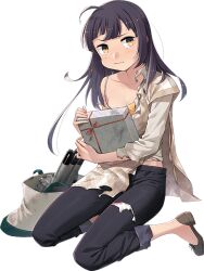 Rule 34 | 1girl, ahoge, black hair, black pants, box, collarbone, fujikawa, fujinami (kancolle), full body, gift, gift box, grey footwear, grey shirt, holding, holding gift, kantai collection, long hair, official alternate costume, official art, pants, shirt, shoes, solo, torn clothes, torn vest, torpedo, transparent background, vest, yellow eyes