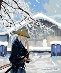 Rule 34 | 1boy, branch, eating, closed eyes, feleven, food, green hair, hat, highres, holding, holding food, japanese clothes, kimono, one piece, onigiri, open mouth, roronoa zoro, sheath, sheathed, snow, solo, sword, weapon, winter