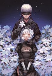 Rule 34 | 1boy, 1girl, black dress, black gloves, black jacket, blindfold, breasts, choker, cleavage, cleavage cutout, clothing cutout, couple, dress, closed eyes, field, flower, flower field, gloves, hair flower, hair ornament, hairband, highres, holding, holding flower, jacket, long hair, medium breasts, mole, mole under mouth, nier (series), nier:automata, pendant choker, puffy sleeves, short hair, shoulder belt, side slit, upper body, v arms, white flower, white hair, 2b (nier:automata), 9s (nier:automata), yubuki i