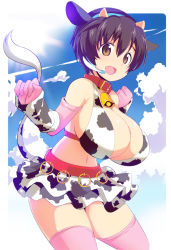 Rule 34 | 10s, 1girl, :d, animal ears, animal print, bare shoulders, bell, blush, breasts, brown eyes, brown hair, cleavage, collar, cow ears, cow girl, cow horns, cow print, cow print bikini, cowbell, elbow gloves, gloves, headset, horns, huge breasts, idolmaster, idolmaster cinderella girls, kitsune choukan, looking at viewer, matching hair/eyes, navel, neck bell, oikawa shizuku, open mouth, pink thighhighs, print bikini, short hair, skirt, smile, solo, thighhighs