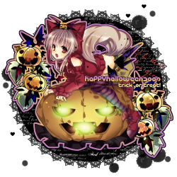 Rule 34 | 00s, 1girl, 2009, bad id, bad pixiv id, grey hair, halloween, happy halloween, jack-o&#039;-lantern, original, otsuo, pumpkin, red eyes, solo, striped clothes, striped thighhighs, thighhighs, trick or treat