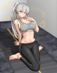 Rule 34 | 1girl, arm support, azur lane, bare arms, bare shoulders, barefoot, black pants, blush, breasts, cleavage, clothes writing, collarbone, commentary request, crop top, enterprise (azur lane), grey hair, hair between eyes, highres, indoors, large breasts, leggings, long hair, looking at viewer, midriff, mosamosaobake, navel, pants, ponytail, purple eyes, smile, solo, sports bra, stomach, very long hair