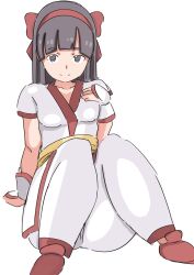 Rule 34 | 1girl, ainu clothes, arm support, ass, black hair, breasts, brown eyes, fingerless gloves, gloves, hair ribbon, highres, legs, long hair, looking at viewer, medium breasts, nakoruru, pants, ribbon, samurai spirits, seductive gaze, seductive smile, sitting, smile, snk, solo, the king of fighters, thick thighs, thighs, vatsha