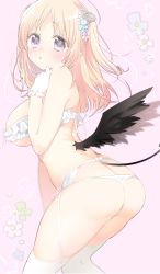 Rule 34 | 1girl, ass, blonde hair, blush, bra, breasts, demon girl, floral background, flower, frilled bra, frills, garter belt, garter straps, gloves, hair flower, hair ornament, highres, horns, large breasts, long hair, looking at viewer, low wings, open mouth, panties, pointy ears, purple eyes, ritta (succubus-san), sino (sionori), solo, succubus-san no hatsu shigoto, tail, thighhighs, two side up, underwear, white bra, white gloves, white panties, white thighhighs, wings