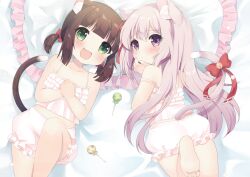 2girls animal_ear_fluff animal_ears azur_lane barefoot bed bell bloomers blush brown_hair camisole candy cat_ears cat_girl cat_tail commission commissioner_upload fang feet food green_eyes hand_to_own_mouth hands_on_own_chest jingle_bell kisaragi_(azur_lane) knee_up leg_up lollipop looking_at_viewer lying multiple_girls mutsuki_(azur_lane) on_back on_stomach open_mouth own_hands_together pillow ribbon sen1986 short_hair skeb_commission smile soles strap_slip tail tail_bell tail_ornament tail_ribbon thighs toes twintails underwear white_bloomers white_camisole