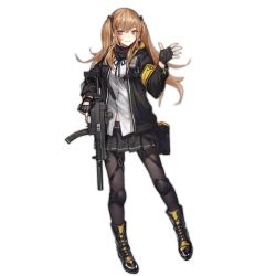 Rule 34 | 1girl, ammunition pouch, armband, belt, black gloves, black jacket, black pantyhose, black ribbon, black skirt, boots, brown hair, buttons, cross-laced footwear, fingerless gloves, full body, girls&#039; frontline, gloves, gun, h&amp;k ump, hair ornament, hair ribbon, heckler &amp; koch, holding, holding gun, holding weapon, hood, hooded jacket, jacket, knee pads, lace-up boots, looking at viewer, official art, pantyhose, personification, pink eyes, pouch, ribbon, scar, scar across eye, scar on face, scarf, skirt, solo, standing, strap, submachine gun, suppressor, thigh strap, thighhighs, transparent background, trigger discipline, twintails, ump9 (girls&#039; frontline), walkie-talkie, weapon