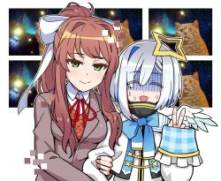 Rule 34 | 2girls, amane kanata, brown hair, commentary request, crossover, doki doki literature club, hair ornament, hair ribbon, hololive, long hair, looking at viewer, meme, monika (doki doki literature club), multiple girls, open mouth, ribbon, shaded face, short hair, space cat (meme), v, virtual youtuber