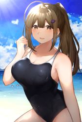 Rule 34 | 1girl, absurdres, ahoge, antenna hair, beach, black one-piece swimsuit, blue sky, breasts, brown eyes, brown hair, cloud, competition school swimsuit, cowboy shot, day, hair between eyes, hair ornament, hairclip, highres, idolmaster, idolmaster shiny colors, indoors, kuwayama chiyuki, looking at viewer, medium breasts, ocean, one-piece swimsuit, open mouth, outdoors, palm tree, ponytail, sand, school swimsuit, sitting, sky, smile, solo, swimsuit, takani0721, tree, water