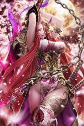 Rule 34 | 1girl, arms up, chain, cherry blossoms, dress, full moon, holding, holding sword, holding weapon, horns, huge weapon, katana, lips, long hair, moon, nabe (crow&#039;s head), no panties, oni, oni horns, original, partially translated, petals, red hair, sheath, solo, sword, translation request, tree, very long hair, weapon, yellow eyes