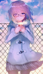 Rule 34 | 1girl, backlighting, black-framed eyewear, black pantyhose, black skirt, blurry, blurry background, breath, can, chain-link fence, closed mouth, cloud, cloudy sky, coat, cowboy shot, depth of field, drink can, duffel coat, eyes visible through hair, fate/grand order, fate (series), fence, glasses, grey coat, hair over one eye, hatou midori, highres, holding, long sleeves, looking at viewer, mash kyrielight, mash kyrielight (fgo x lawson), official alternate costume, outdoors, own hands together, pantyhose, pink hair, plaid, plaid skirt, pleated skirt, purple eyes, short hair, skirt, sky, smile, soda can, solo, standing, wind, winter clothes, winter coat