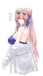 Rule 34 | 1girl, arknights, back, bare shoulders, bead choker, blue camisole, breasts, camisole, ceylon (arknights), ceylon (holiday) (arknights), commentary request, double bun, eyewear on head, feather hair, from behind, hair bun, highres, horn/wood, jacket, large breasts, long hair, looking at viewer, looking back, official alternate costume, pink hair, see-through, see-through jacket, short shorts, shorts, simple background, solo, sunglasses, swimsuit cover-up, twintails, very long hair, white background, white shorts, yellow eyes