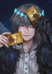 Rule 34 | 1boy, ;p, absurdres, archer class (fate), black hair, black skin, blue background, blue eyes, card, colored skin, fate/grand order, fate (series), hi7of3he6, highres, holding, holding card, looking at viewer, male focus, oberon (fate), oberon (third ascension) (fate), one eye closed, rider class (fate), shirt, smile, solo, spoilers, tongue, tongue out, upper body, white shirt