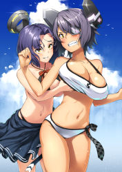 Rule 34 | 10s, 2girls, angry, bikini, bird, blue sky, grabbing another&#039;s breast, breasts, cleavage, day, eyepatch, female focus, from behind, grabbing, grabbing from behind, halo, headgear, kantai collection, large breasts, mechanical halo, multiple girls, navel, neo-masterpeacer, outdoors, purple hair, short hair, sky, swimsuit, tatsuta (kancolle), tenryuu (kancolle), yellow eyes, yuri