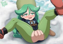 Rule 34 | 1girl, absurdres, anus, blue jacket, blush, boots, braid, breasts, clothes, clothes lift, creatures (company), eyebrows, female focus, game freak, gloves, green eyes, green hair, green pantyhose , hat, highres, hood, hoodie, huge filesize, jacket, jewelry, leggings, lying, matching hair/eyes, missionary, mittens, mountain, necklace, nintendo, on back, on ground, on roof, open mouth, outdoors, pantyhose, pokemon, pokemon legends: arceus, pussy, rooftop, sabi (pokemon), saliva, shoes, short eyebrows, small breasts, snow, solo, spread legs, teeth, temple, tongue, torn clothes, twin braids, twintails, uncensored, vampy squid