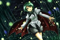 Rule 34 | 1girl, antennae, arm garter, black cape, black shorts, blush, cape, collared shirt, cowboy shot, dutch angle, fireflies, futagojima, green eyes, green hair, juliet sleeves, long sleeves, looking at viewer, matching hair/eyes, night, night sky, outdoors, outstretched arms, parted lips, partially submerged, puffy sleeves, shirt, short hair, shorts, sky, solo, spread arms, standing, touhou, wading, white shirt, wriggle nightbug