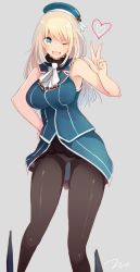 Rule 34 | 10s, 1girl, atago (kancolle), bare arms, bare shoulders, beret, black pantyhose, blonde hair, blue eyes, breasts, cowboy shot, grey background, hand on own hip, hand up, hat, heart, highres, kantai collection, large breasts, long hair, looking at viewer, one eye closed, open mouth, panties, panties under pantyhose, pantyhose, short sleeves, simple background, solo, standing, tebi (tbd11), underwear