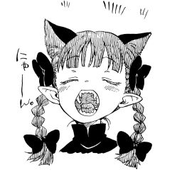 Rule 34 | 1girl, animal ear fluff, animal ears, bad id, bad tumblr id, blunt bangs, blunt ends, blush, bow, braid, cat ears, closed eyes, commentary request, cropped shoulders, extra ears, facing viewer, fangs, greyscale, hair bow, hatching (texture), high collar, kaenbyou rin, linear hatching, long hair, meowing, monochrome, nametake, open mouth, pointy ears, portrait, sharp teeth, simple background, solo, teeth, tongue, touhou, twin braids, twintails, u u, white background