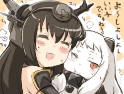 Rule 34 | 10s, 2girls, :3, :d, :t, abyssal ship, blush, blush stickers, brown hair, cheek-to-cheek, closed eyes, closed mouth, comic, engiyoshi, headgear, heads together, horns, kantai collection, long hair, mittens, multiple girls, nagato (kancolle), northern ocean princess, nuzzle, one eye closed, open mouth, red eyes, smile, translation request, white hair