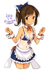 Rule 34 | 1girl, alternate costume, apron, bikini, blue bikini, blush, breasts, brown eyes, brown hair, cleavage, collarbone, cropped legs, dated, detached collar, enmaided, i-401 (kancolle), kantai collection, maid, maid bikini, navel, odawara hakone, one-hour drawing challenge, one-piece tan, parted lips, ponytail, short hair, simple background, small breasts, solo, swimsuit, tan, tanline, twitter username, unconventional maid, white apron, white background, wrist cuffs