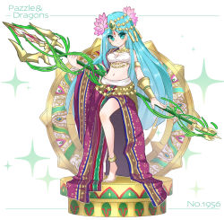 Rule 34 | 1girl, anklet, aqua eyes, aqua hair, barefoot, english text, engrish text, firuo (king fish), headdress, jewelry, long hair, midriff, navel, parvati (p&amp;d), polearm, puzzle &amp; dragons, ranguage, solo, trident, very long hair, weapon
